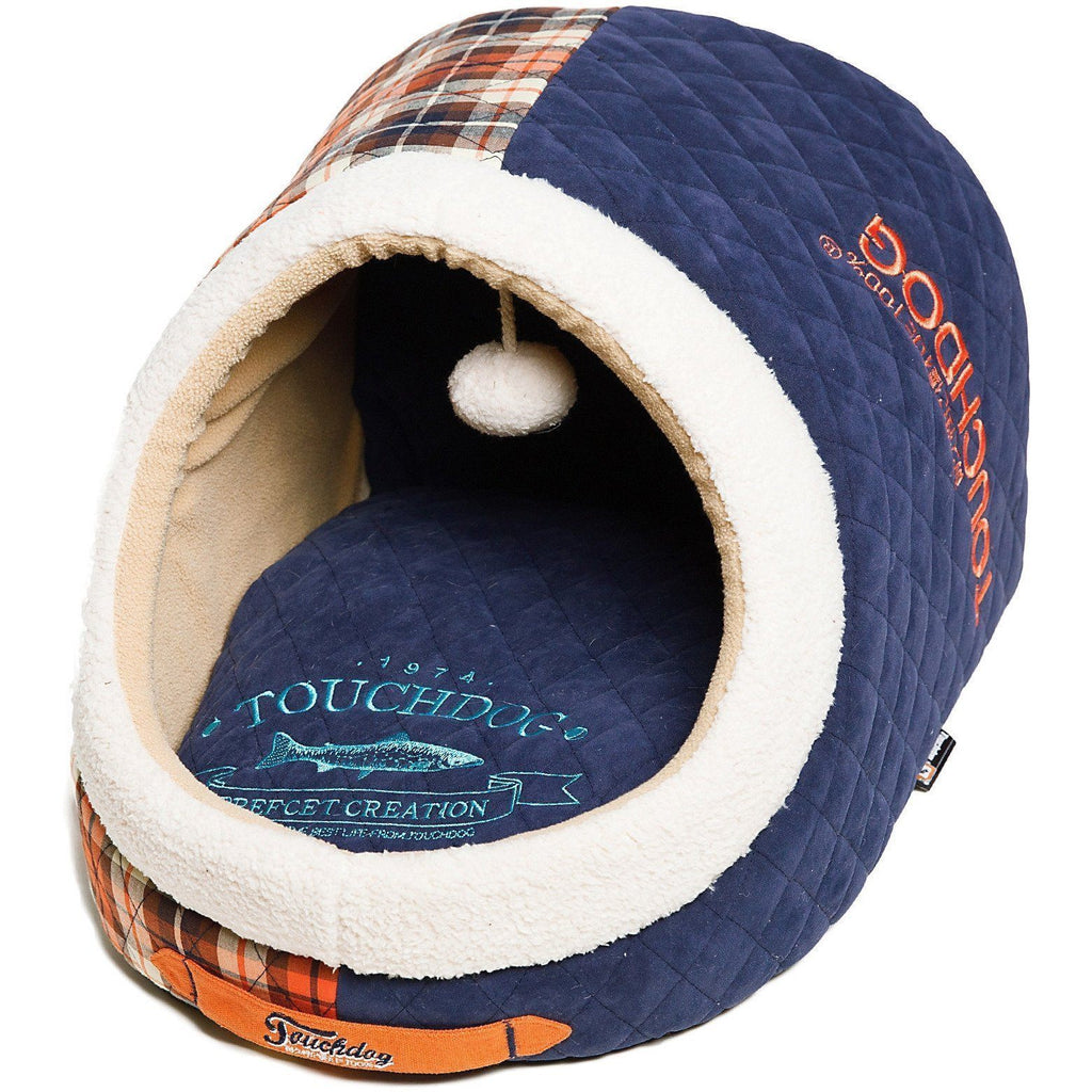 Touchdog ® 'Diamond Stitched' Panoramic Designer Cat Bed w/ Teaser Toy Dark Blue, White 