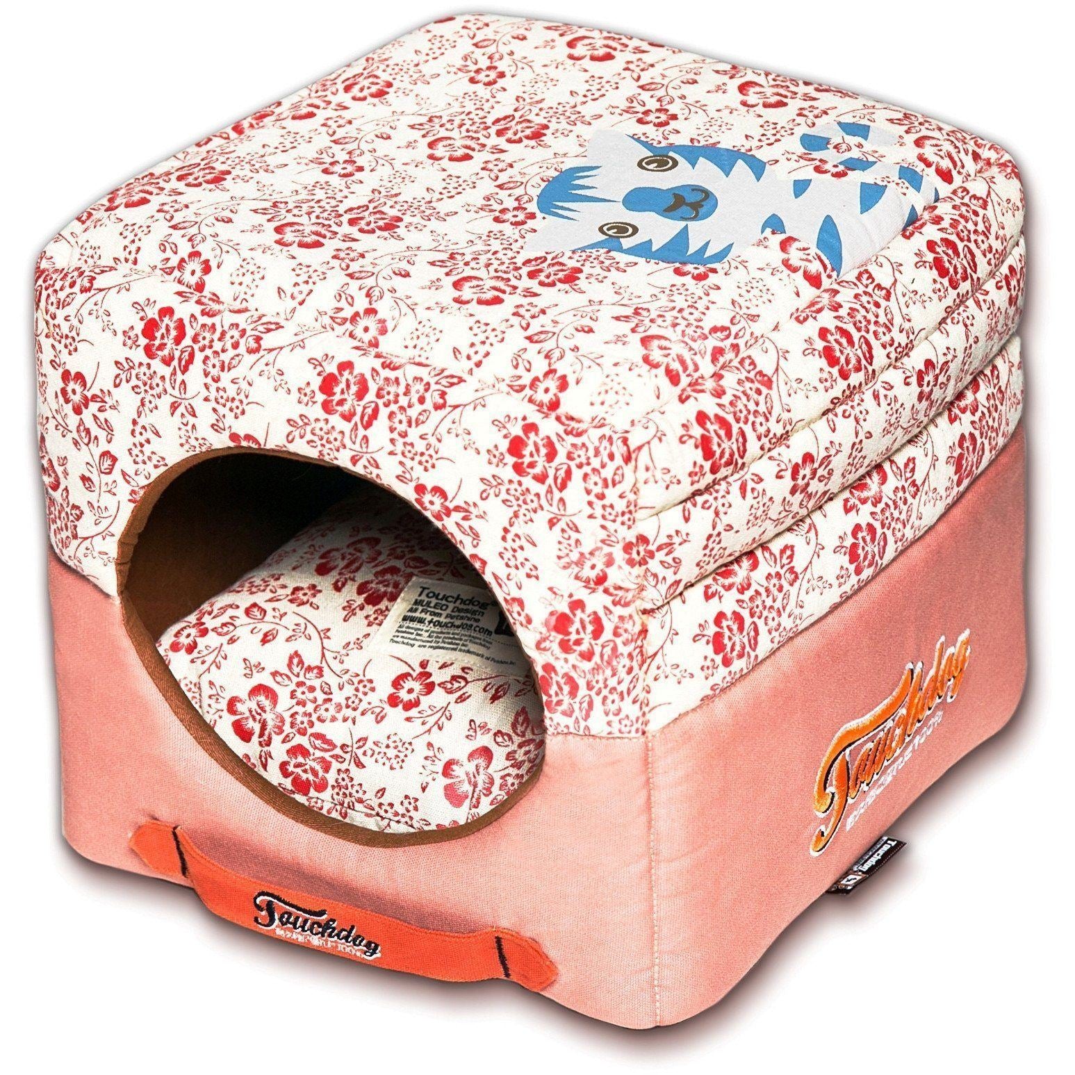 Touchdog ® 'Floral-Galoral' 2-in-1 Collapsible Squared Dog and Cat Bed Red, Salmon Pink 