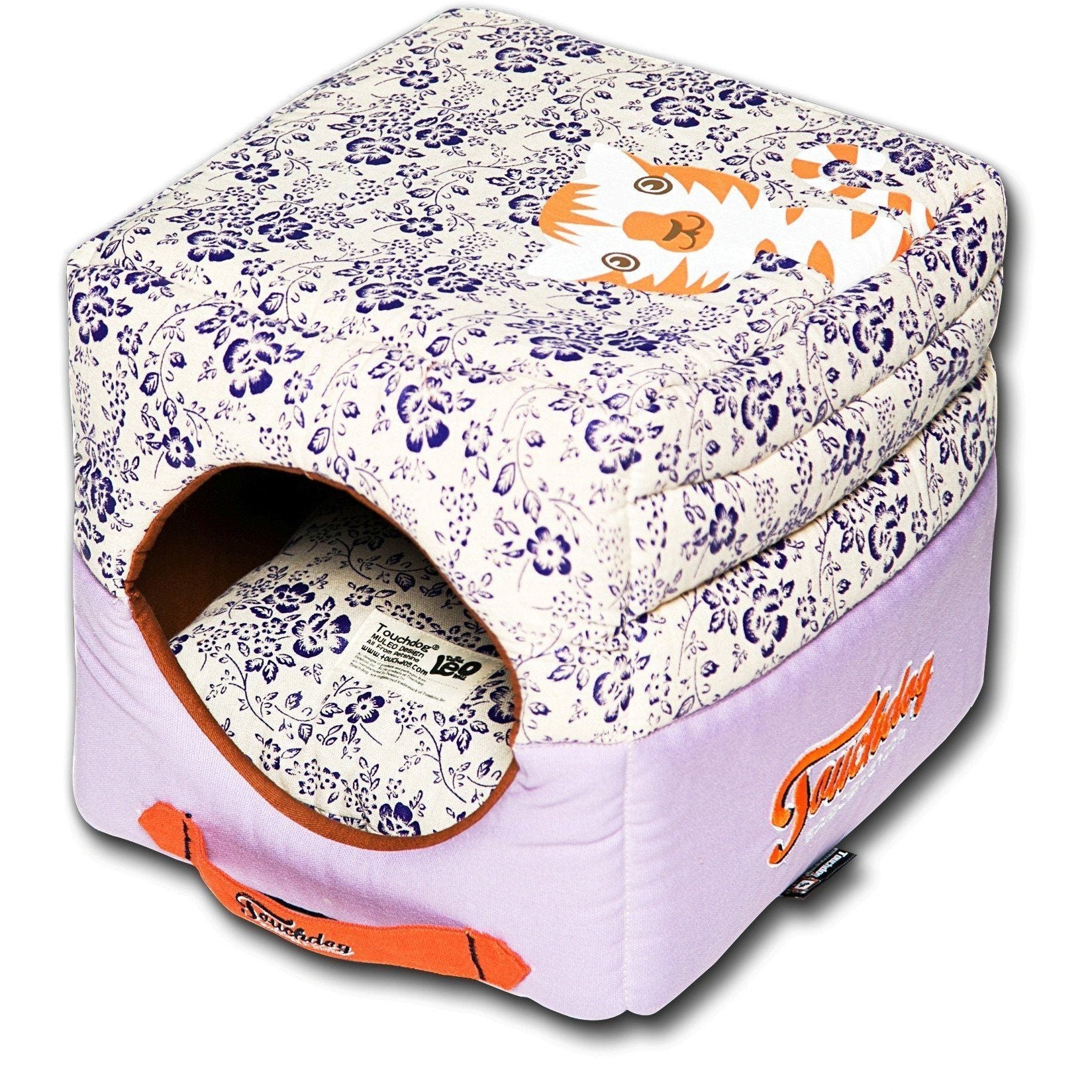 Touchdog ® 'Floral-Galoral' 2-in-1 Collapsible Squared Dog and Cat Bed Lavender Purple, Cream White 
