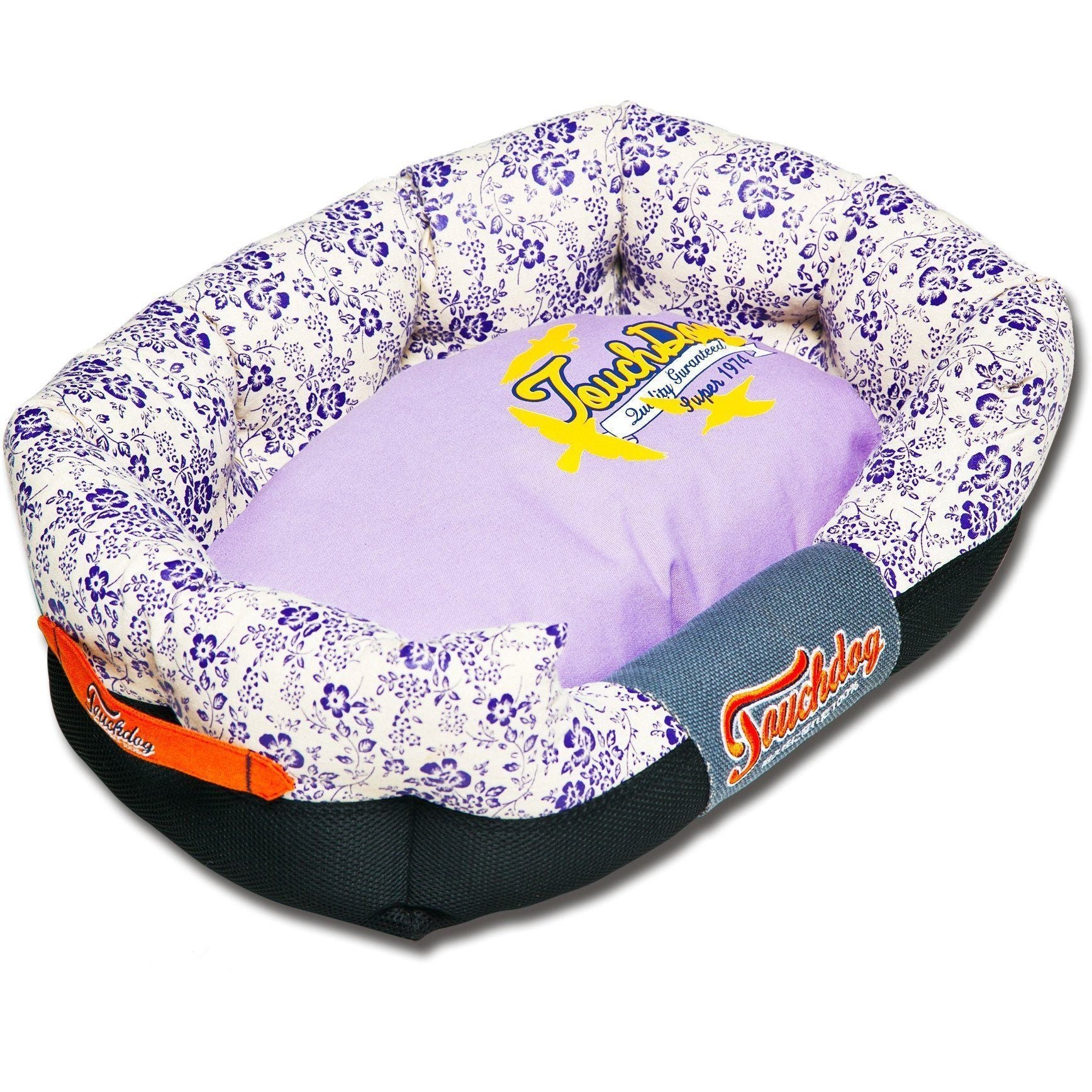 Touchdog ® 'Floral-Galoral' Ultra-Plush Rectangular Rounded Designer Dog Bed Medium Lavender Purple, Cream White
