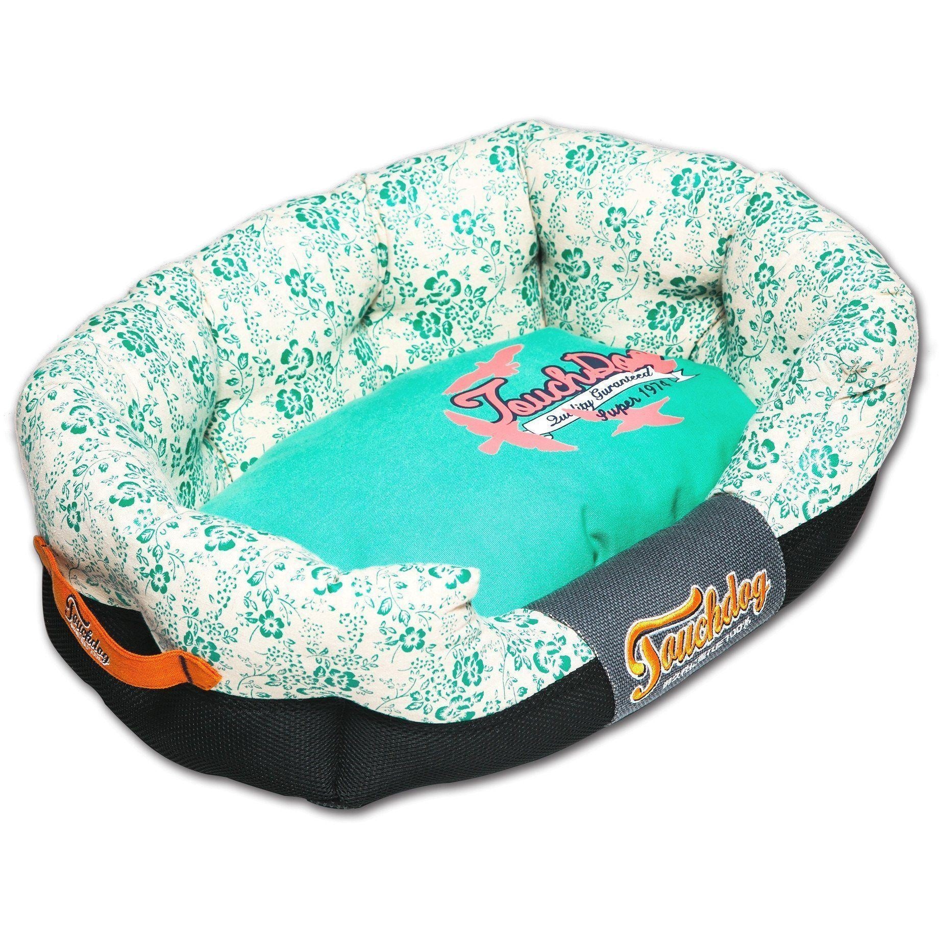 Touchdog ® 'Floral-Galoral' Ultra-Plush Rectangular Rounded Designer Dog Bed Medium Turquoise Blue, Cream White