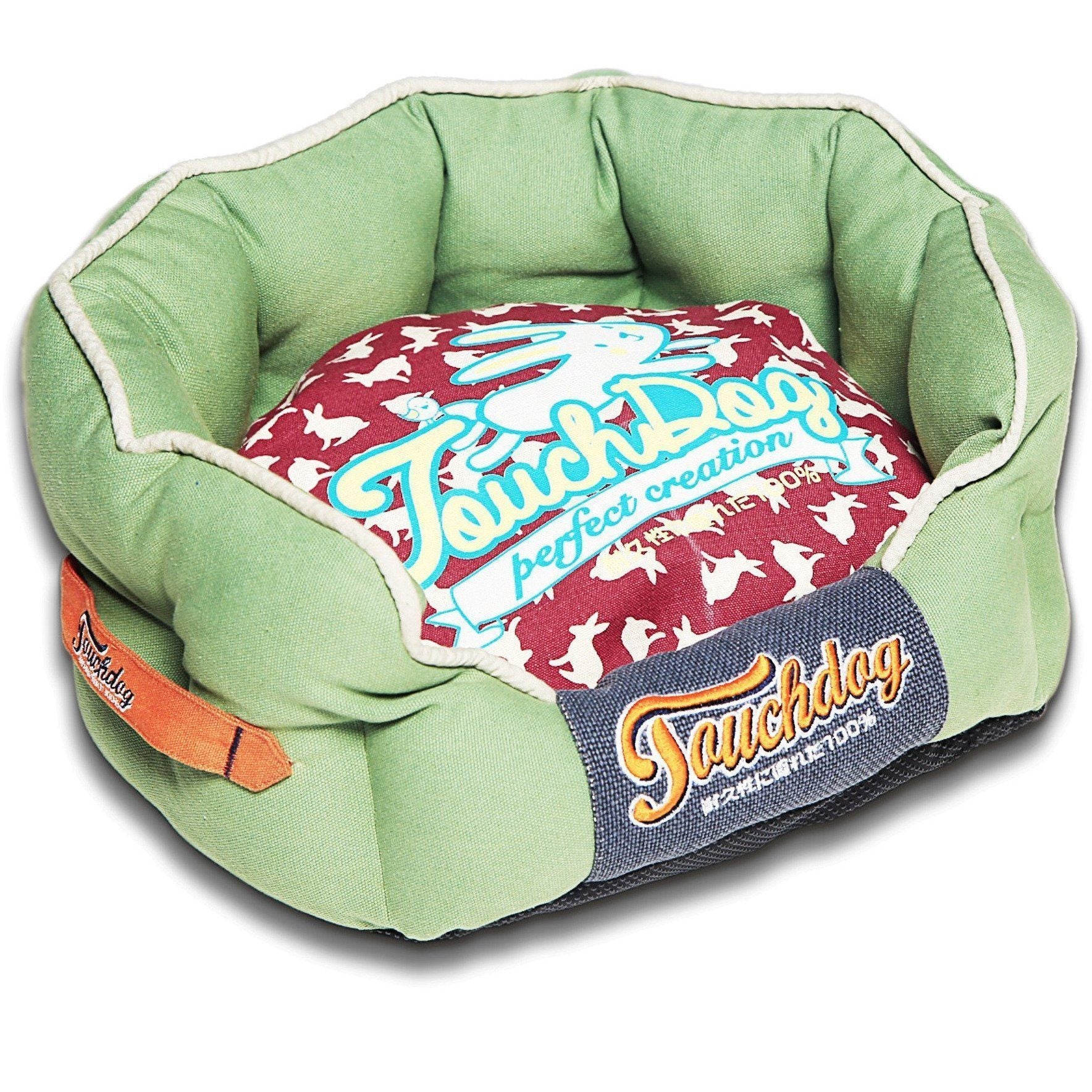 Touchdog ® 'Lazy-Bones' Rabbit-Spotted Rounded Designer Dog Bed Medium Olive Green, Champaign Red