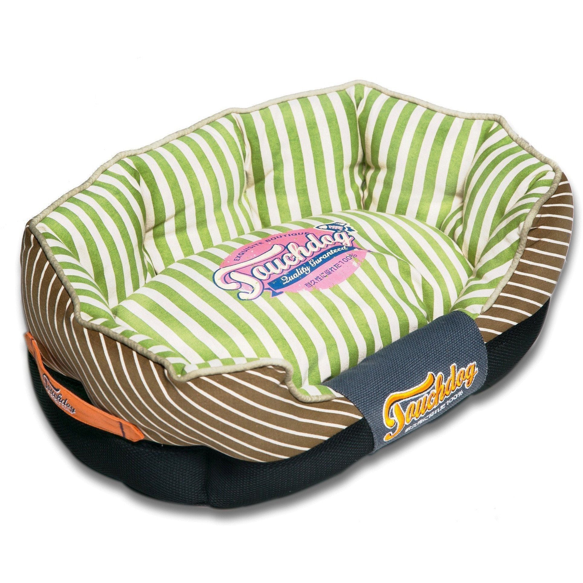 Touchdog ® 'Neutral-Striped' Rectangular Rounded Designer Dog Bed Medium Apple Green, Brown