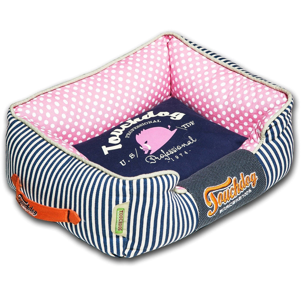 Touchdog ® 'Polka-Striped' Rectangular Designer Premium Dog Bed Medium Navy Blue, Pink