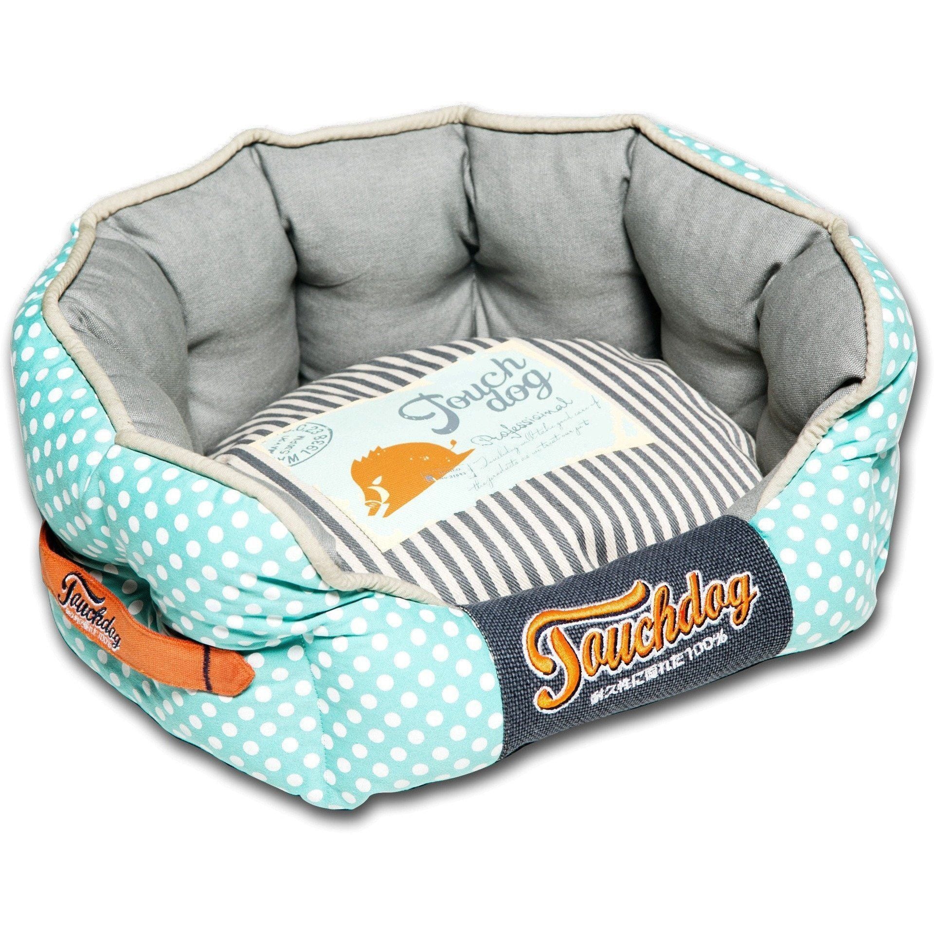 Touchdog ® 'Polka-Striped' Polo Designer Premium Rounded Dog Bed Medium Baby Blue, Steel Grey