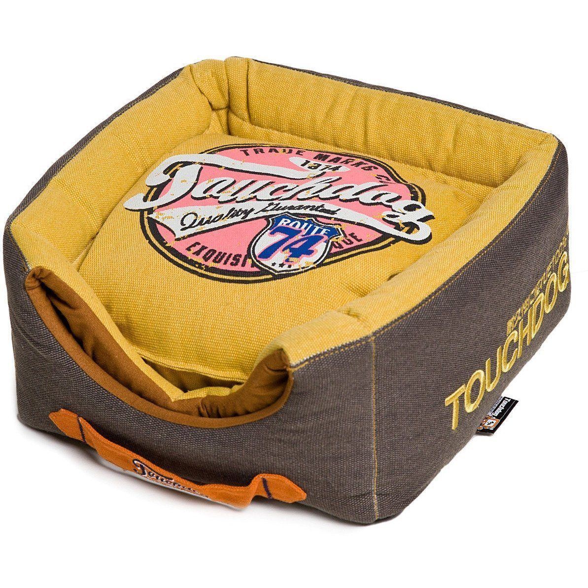 Touchdog ® 'Vintage Squared' 2-in-1 Convertible and Collapsible Dog and Cat Bed Mustard Yellow, Dark Brown 
