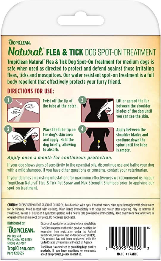 Tropiclean Flea & Tick Spot On Treatment for Medium Dogs 35lbs to 75lbs  