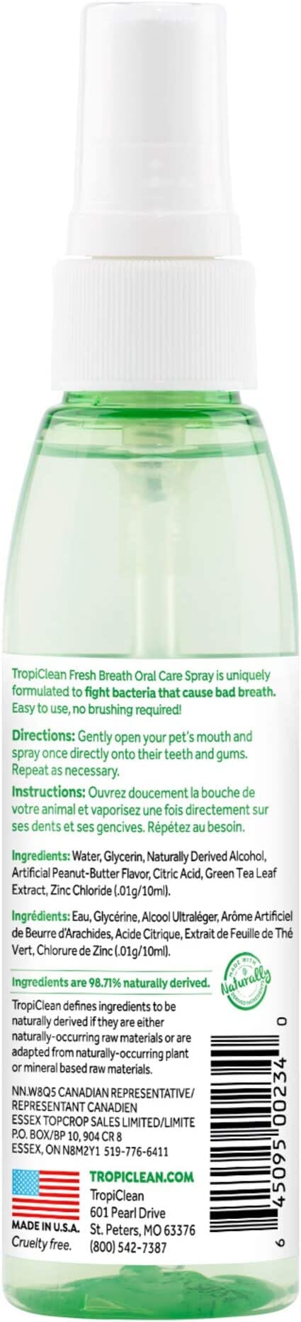 Tropiclean Fresh Breath Oral Care Spray Peanut Butter for Pets - 4 Oz  