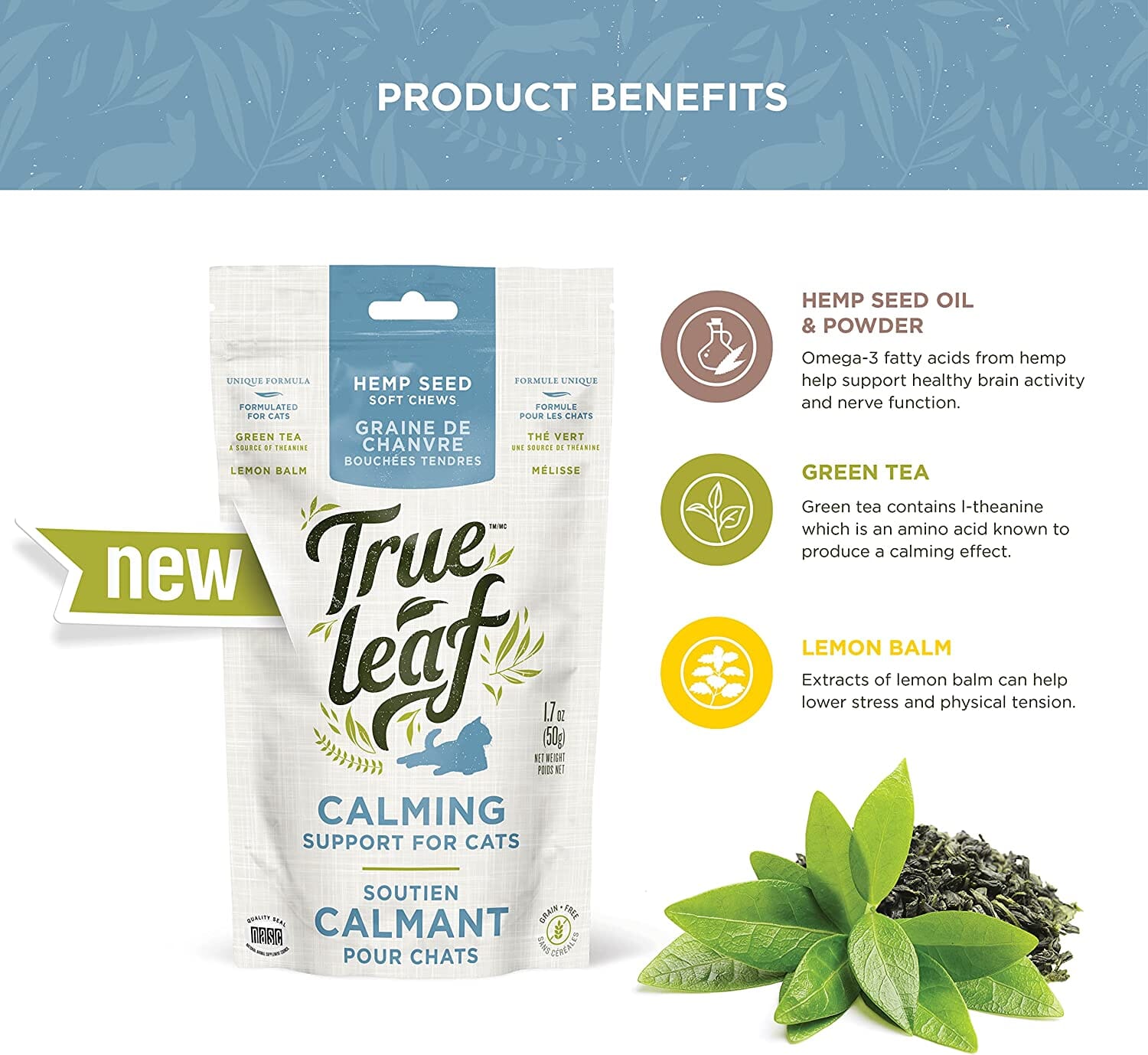 True Leaf Calming Support Hemp Seed Soft and Chewy Cat Supplements - 1.7 Oz  