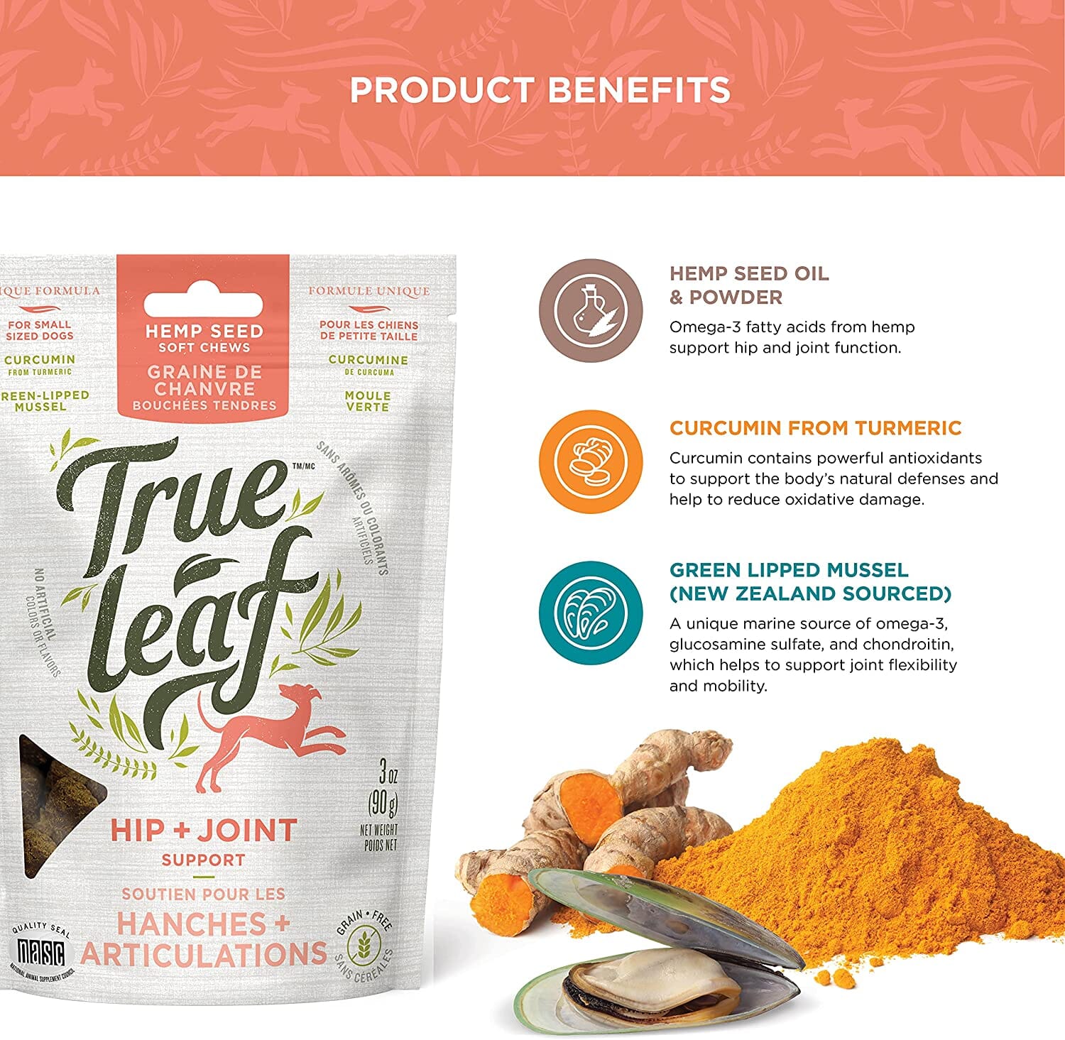 True Leaf Hip + Joint Support Hemp Seed Chews Dog Joint Care - 3 Oz  