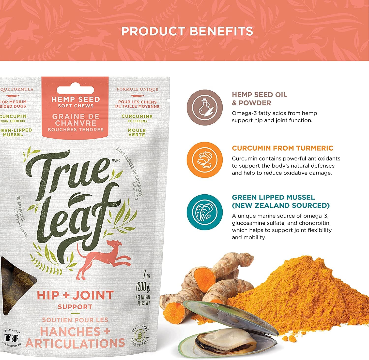 True Leaf Hip + Joint Support Hemp Seed Chews Dog Joint Care - 7 Oz  