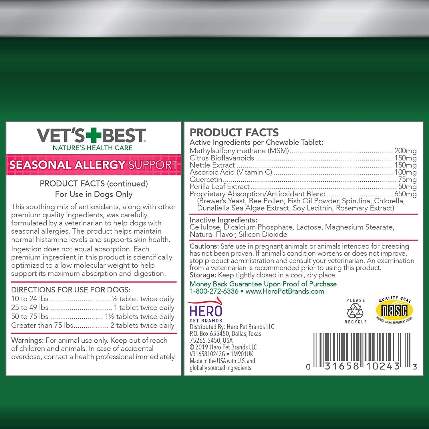 Vet's Best Seasonal Allergy Support Dog Supplements - 60 Tablets  