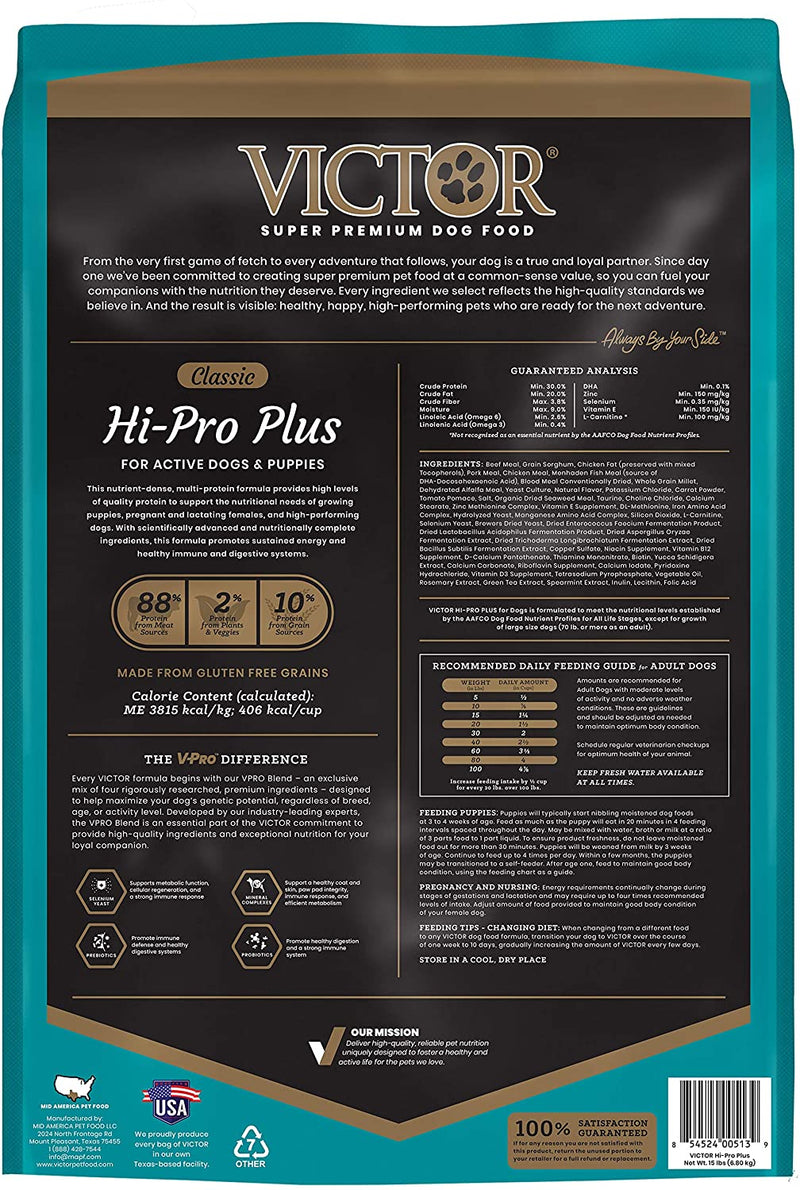 Victor HiPro Plus Formula Dry Dog Food 15 lb Bag Pet Life