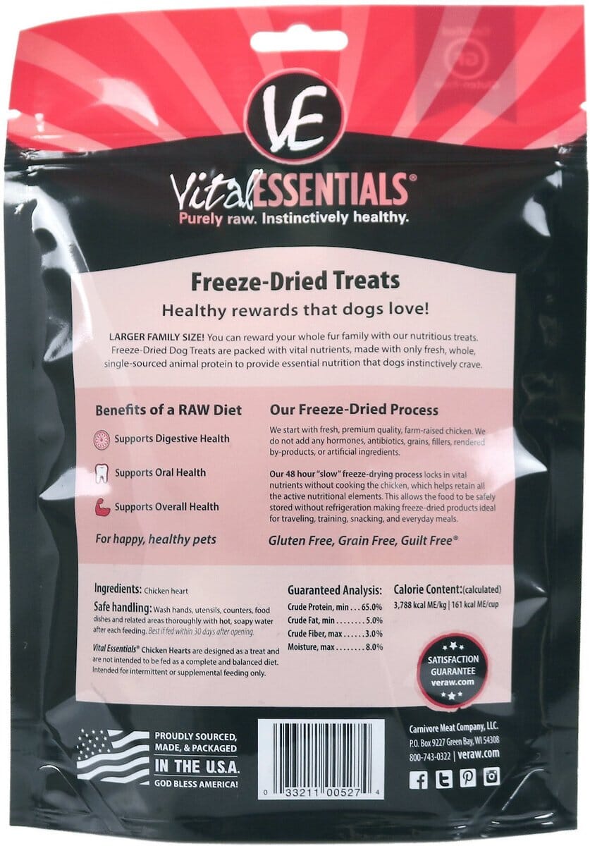 Vital Essentials Family Size Chicken Hearts Freeze-Dried Dog Treats - 3.75 Oz  