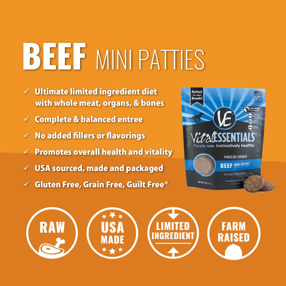 Vital Essentials Freeze Dried Beef Grain Free Mini Patties Entree for Dogs Food  