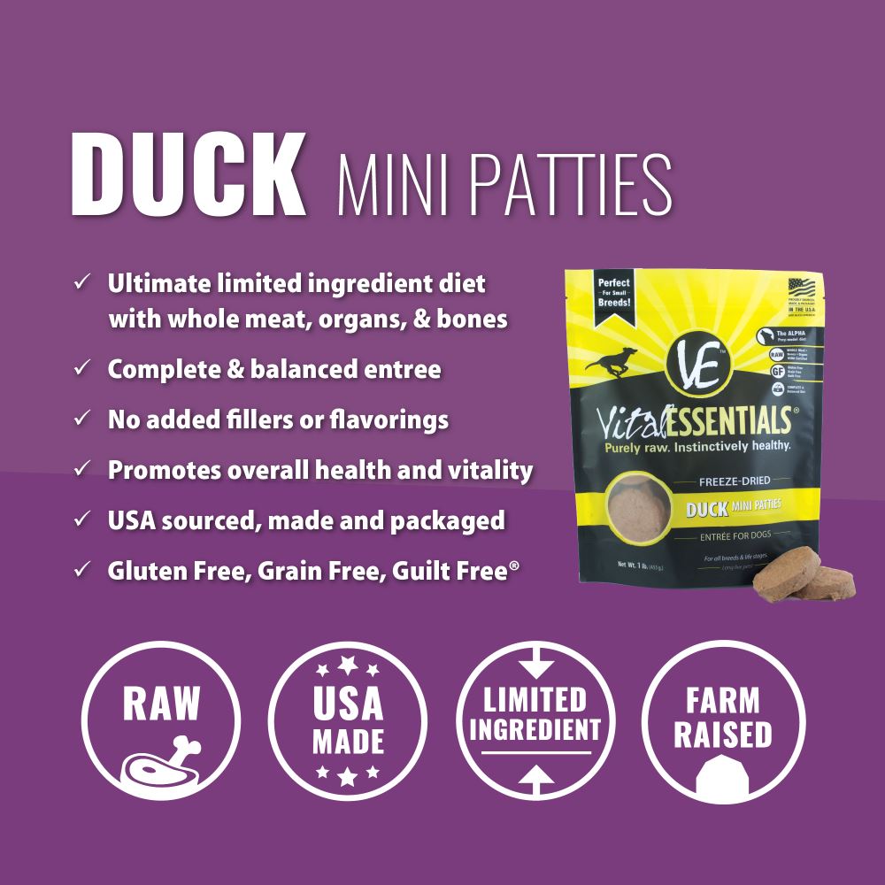 Vital Essentials Freeze Dried Grain Free Duck Mini Patties Entree for Dogs Food  