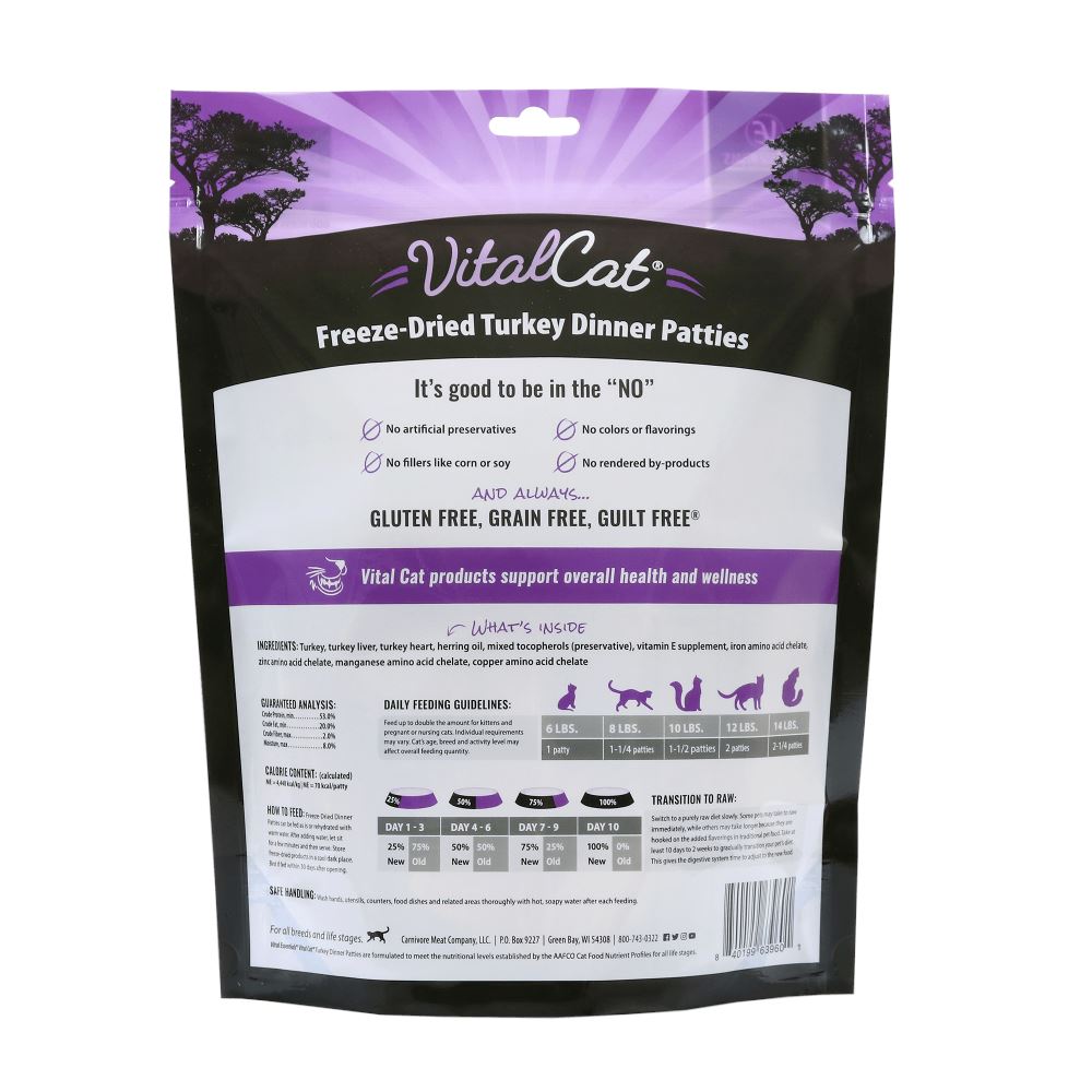 Vital Essentials Grain Free Turkey Dinner Patties Freeze Dried Raw Food for Cats  