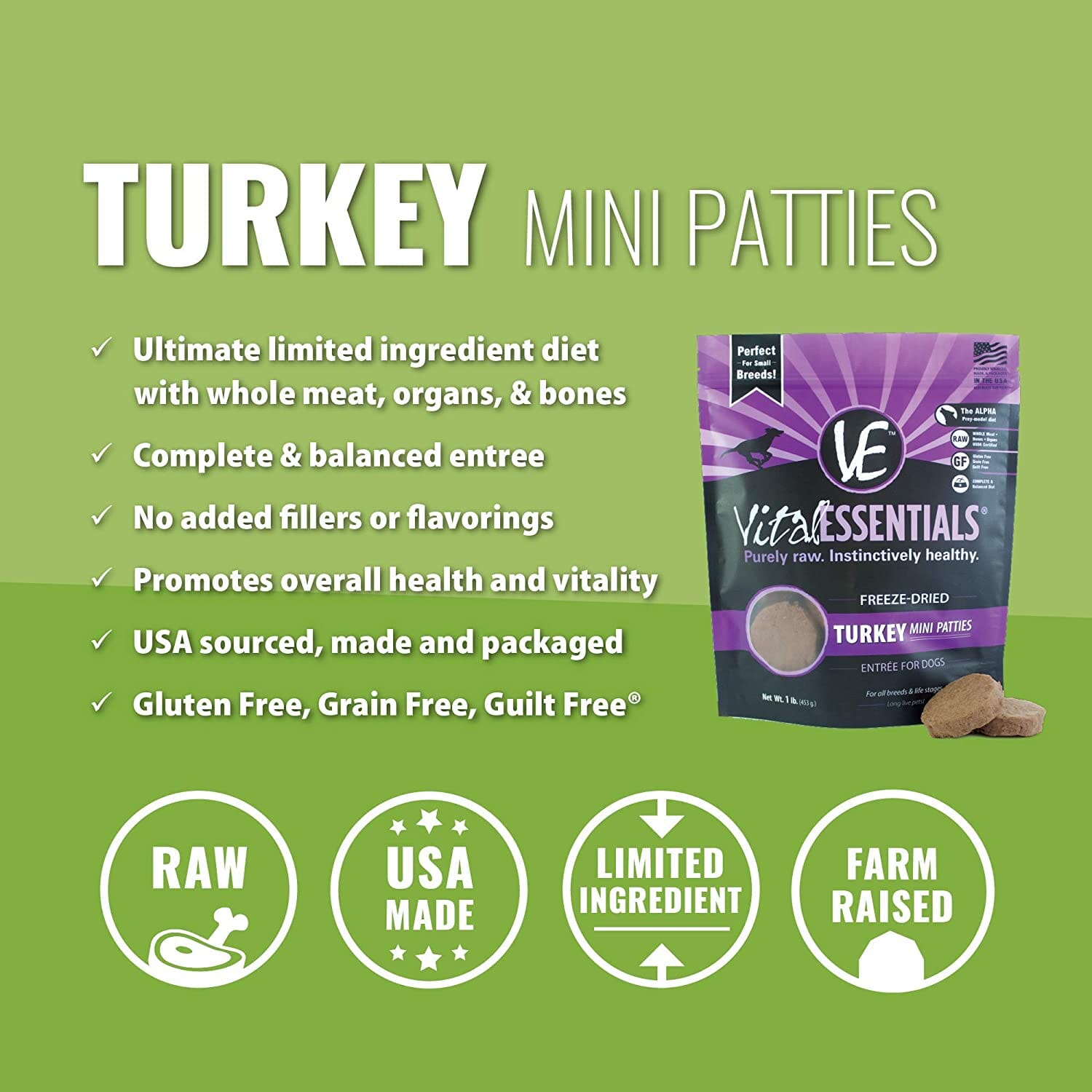 Vital Essentials Turkey Mini Patties Entrée Freeze-Dried Dog Food - 1 Lb  