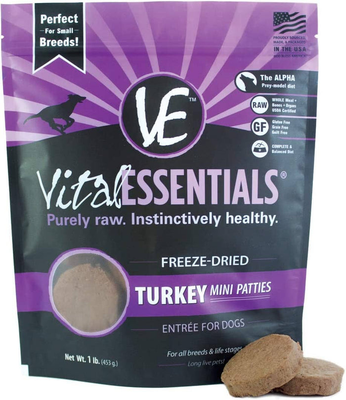 Vital Essentials Turkey Mini Patties Entrée Freeze-Dried Dog Food - 1 Lb