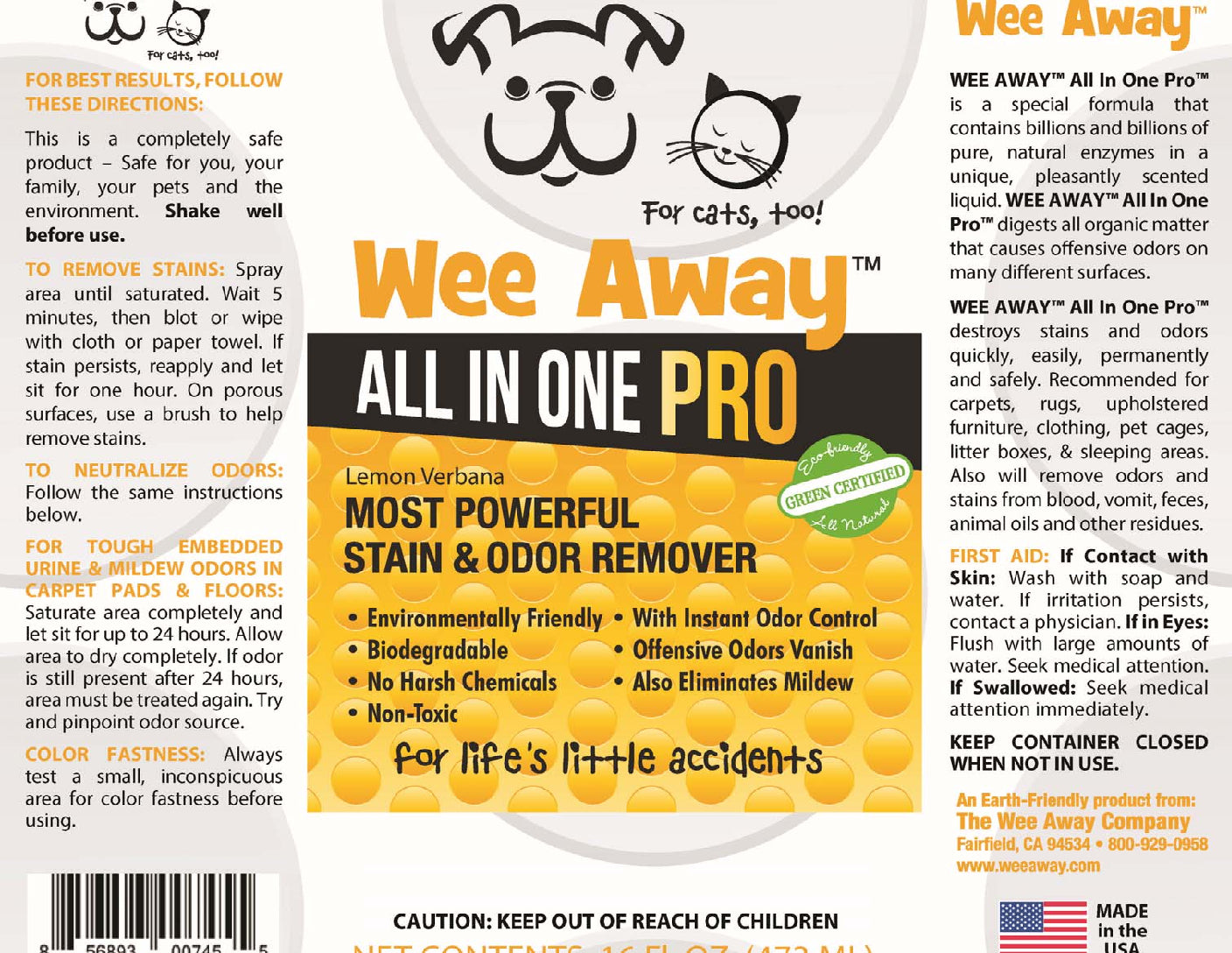 Wee Away All In One Pro - Lemon Cat and Dog Stain and Odor Eliminator - 16 oz Bottle  