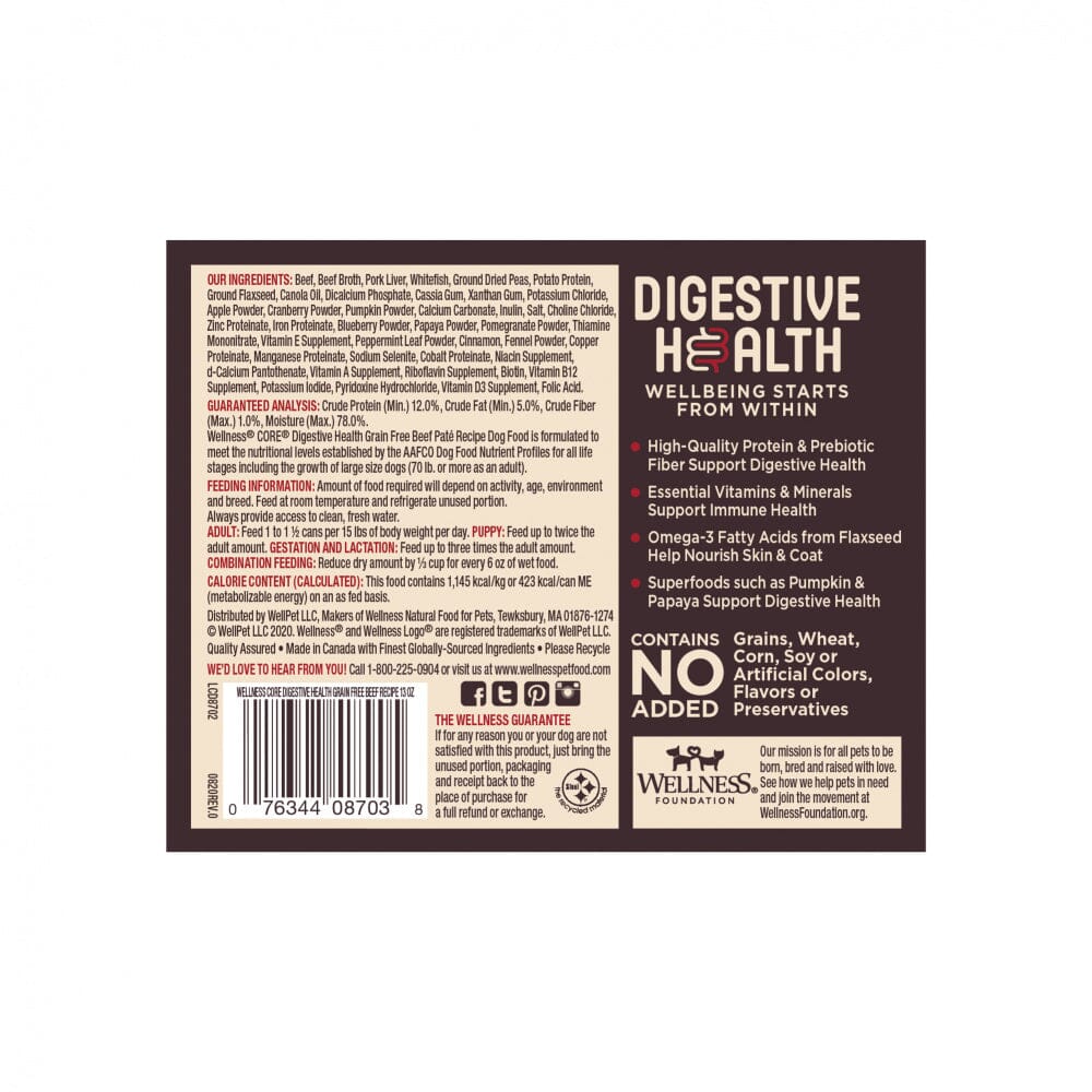 Wellness Core Digestive Health Grain Free Beef Recipe Canned Dog Food  