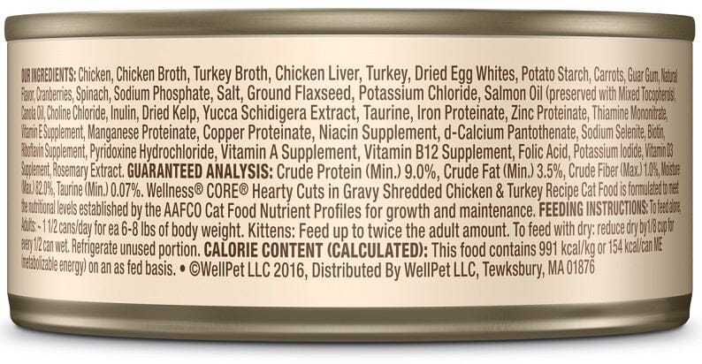 Wellness CORE Natural Grain Free Hearty Cuts Chicken and Turkey Canned Cat Food  