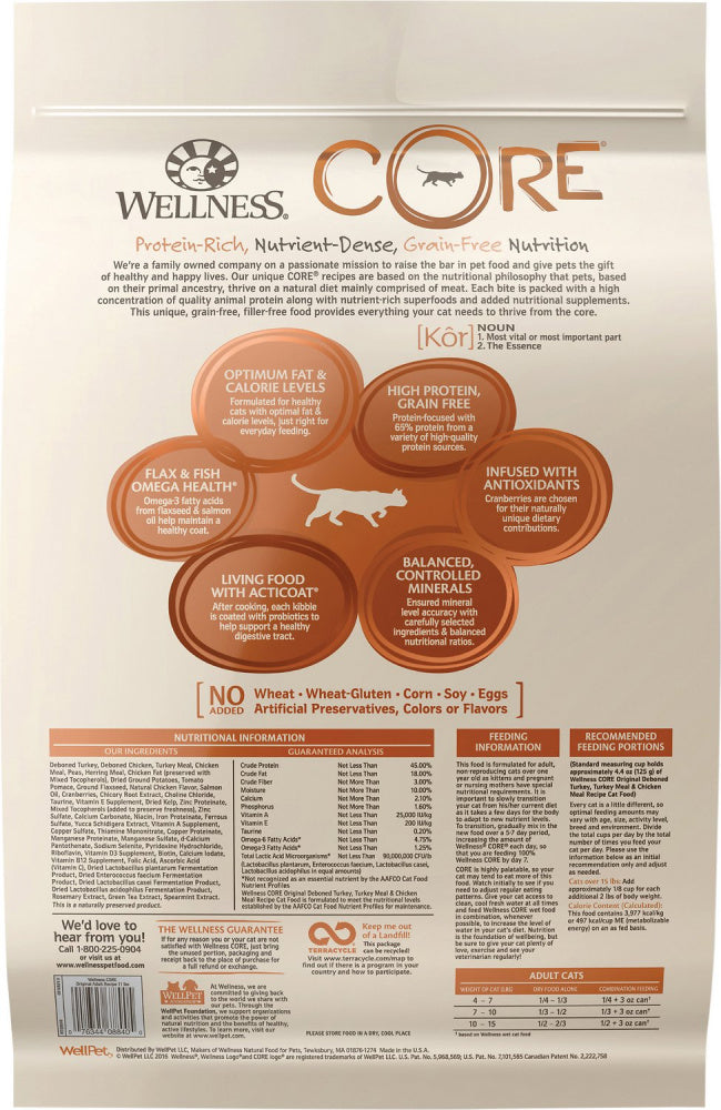 Wellness CORE Natural Grain Free Original Turkey, Chicken, Whitefish & Herring Recipe Dry Cat Food  