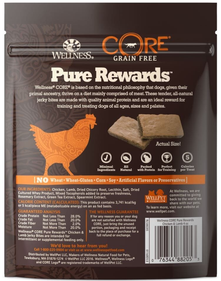 Wellness CORE Natural Grain Free Pure Rewards Chicken and Lamb Recipe Jerky Bites Dog Treats  