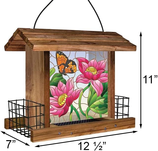 Wild Wings Stained Glass and Wooden Hopper Wild Bird Feeder Feeder with Suet Cages - Brown - 3.1 Qt Cap  