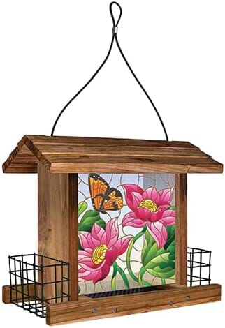 Wild Wings Stained Glass and Wooden Hopper Wild Bird Feeder Feeder with Suet Cages - Brown - 3.1 Qt Cap  