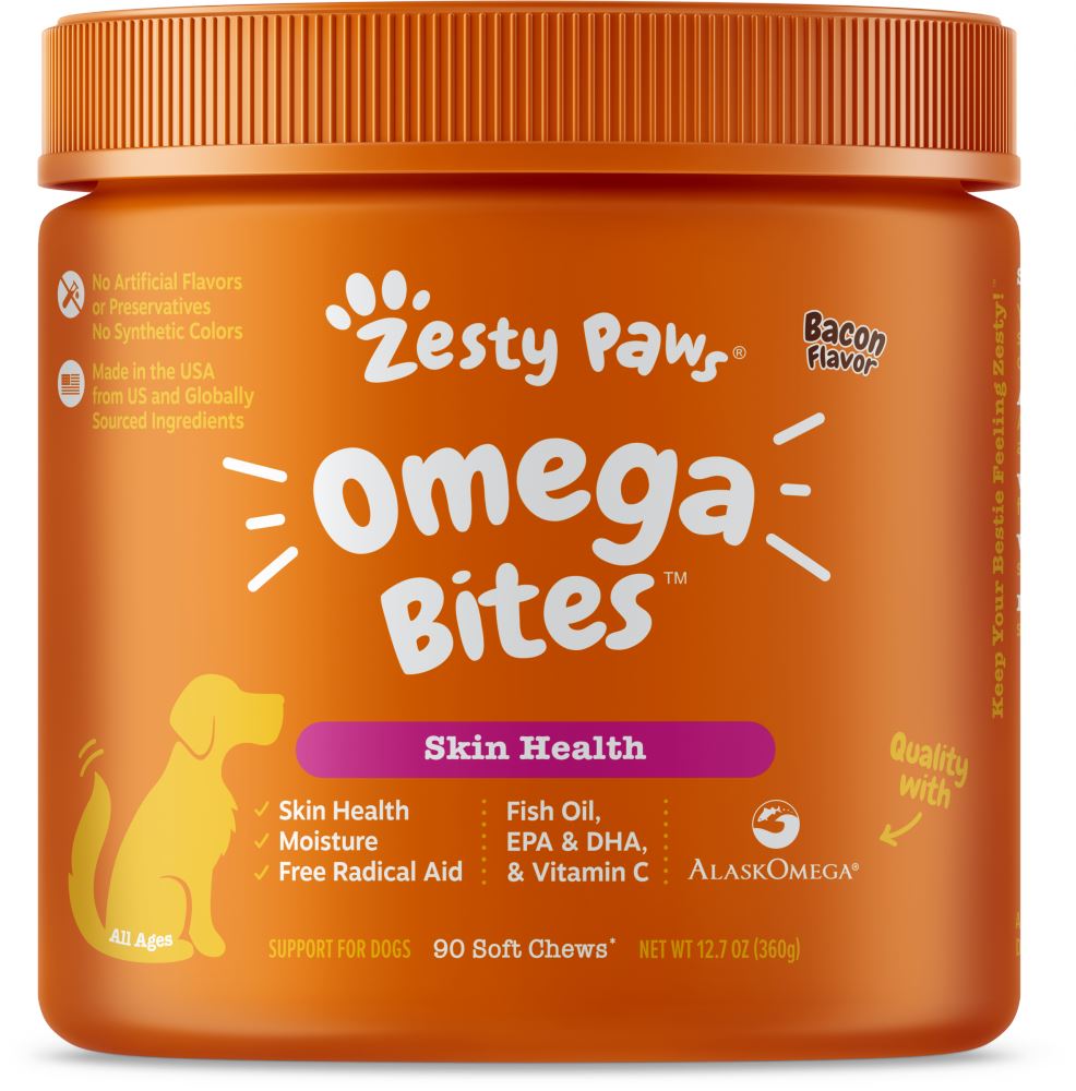 Zesty Paws Omega 3 Soft Chews for Skin Health Premium Fish Oil with EPA & DHA   Vitamin C Functional Bacon Flavor Dog Supplement  