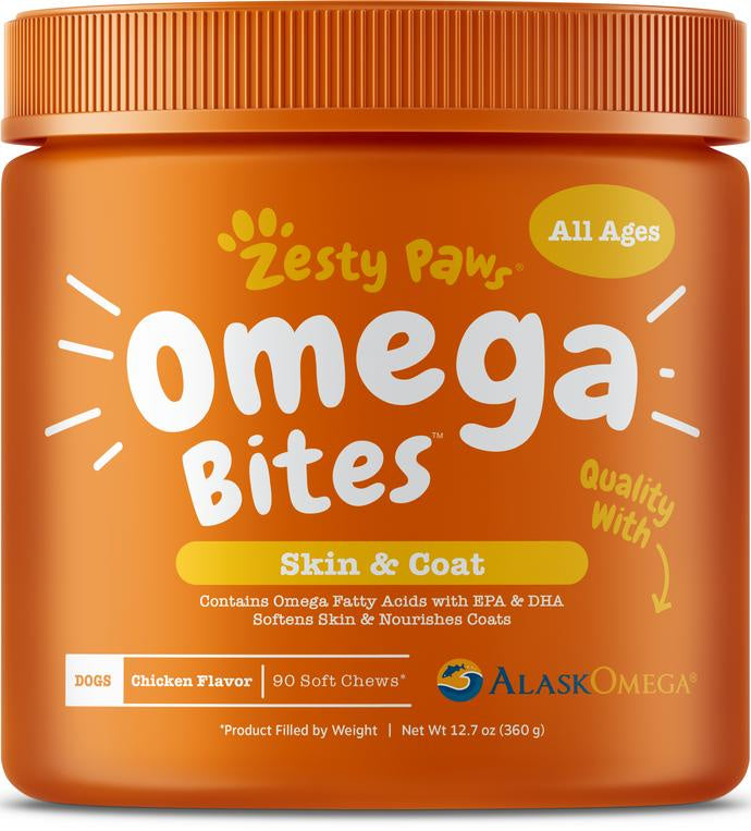 Zesty Paws Omega Bites For Skin & Coat Support Chicken Flavor with Alaskan Fish Oil Sof...